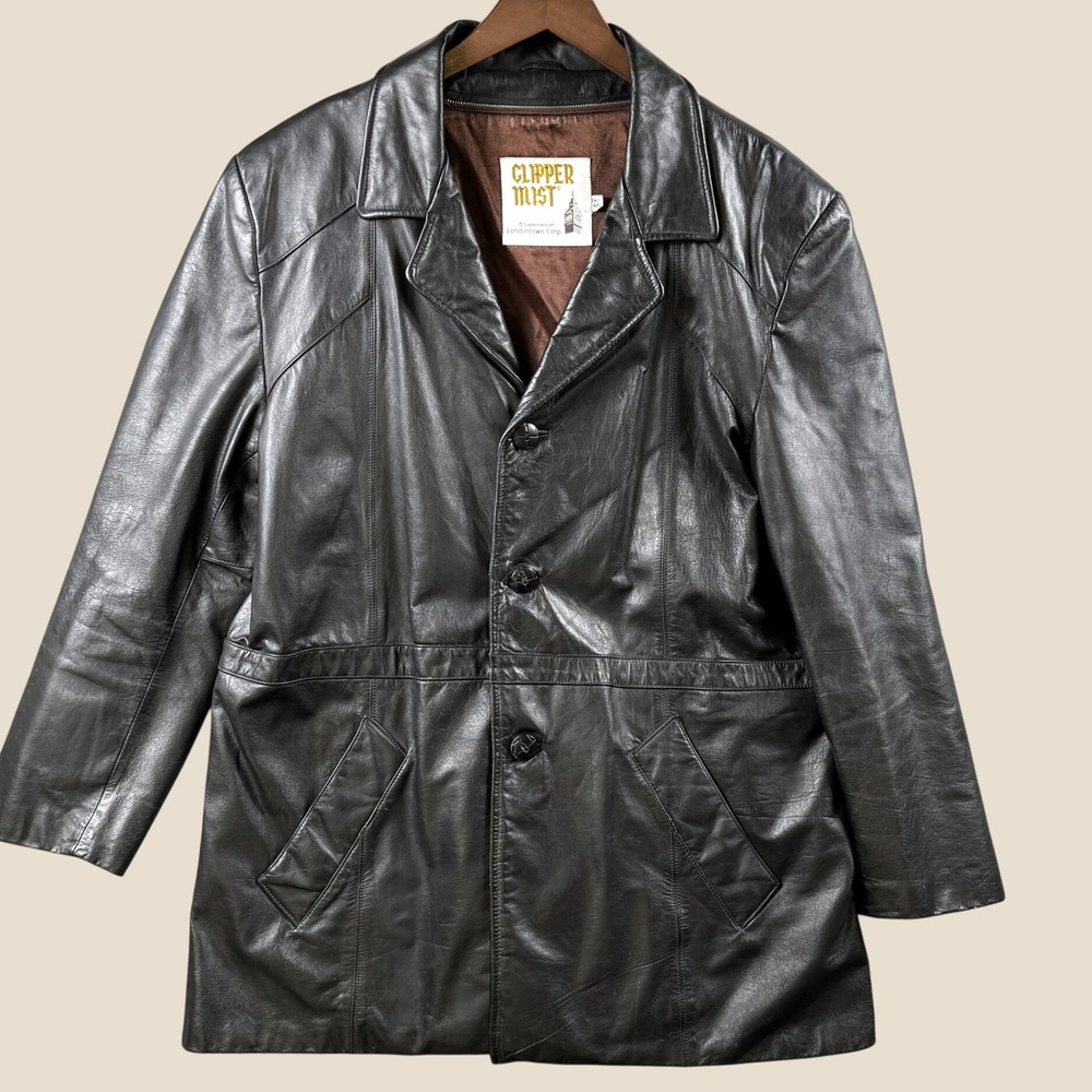 Vintage Clipper Mist Coat Men 44T Black Leather Plaid Wool 70s Car Jacket Retro
